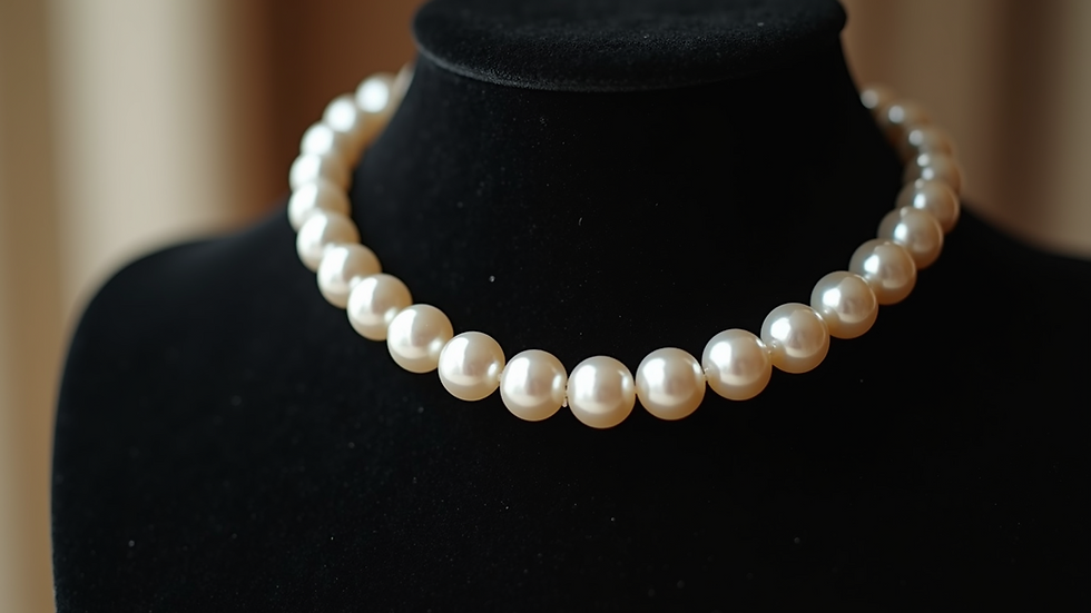 Close-up view of a pearl necklace on a black velvet display