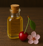 Petite fiole d'huile de cerise avec fleur de cerisier et cerise posée à côté