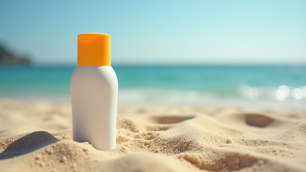 Close-up view of a bottle of sunscreen on a sandy beach