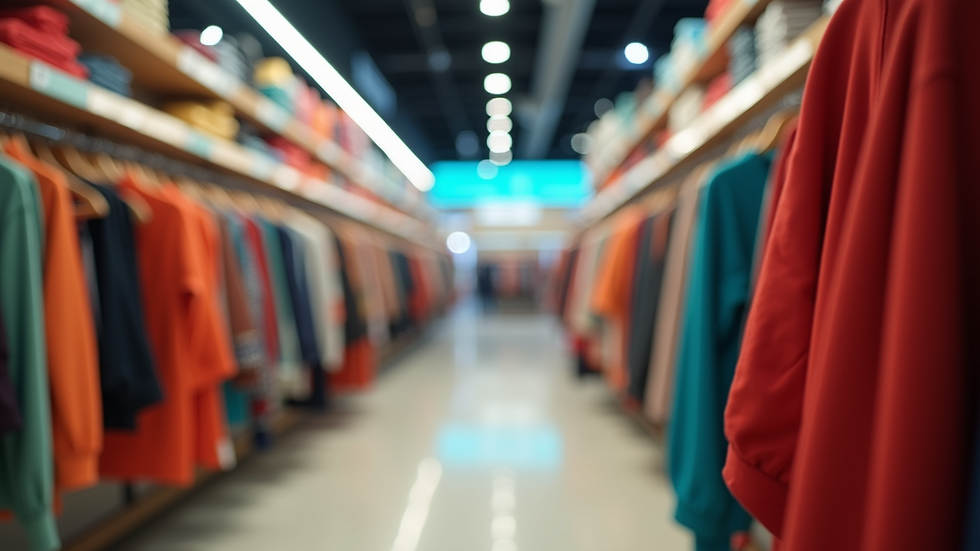 Eye-level view of a vibrant clothing display at Yaserviashopping