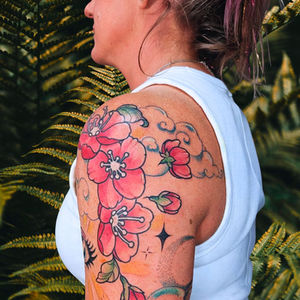 Color Cherry Blossom alf sleeve Floral Tattoo by Essie bloom Bay Area Oakland, California