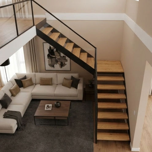 Miniature : Vue en hauteur d’un escalier quart tournant avec palier START à limons à la française en acier thermolaqué