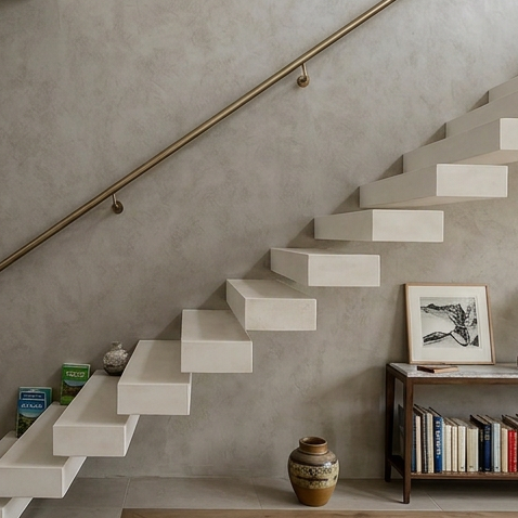 Miniature : Vue intérieure d’un escalier suspendu droit AIR avec marches en caissons Corian® Glacier White