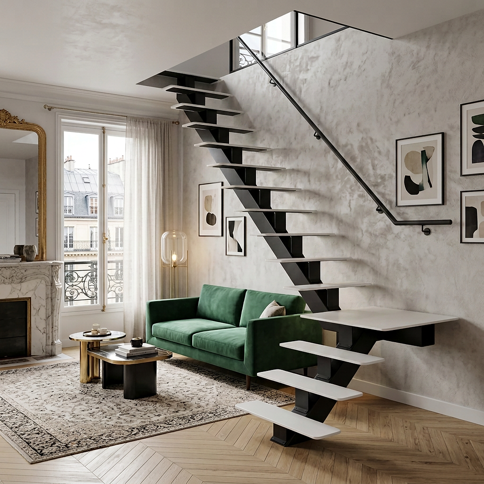 Escalier quart tournant avec palier ONE sur mesure à limon central et marches en Corian® Glacier White