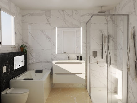 Baño reformado estilo francés con toques minimalistas y marmolado