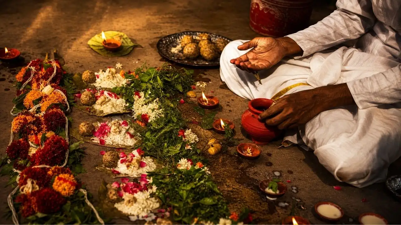 Pind Daan puja ritual with offerings, flowers and sacred items