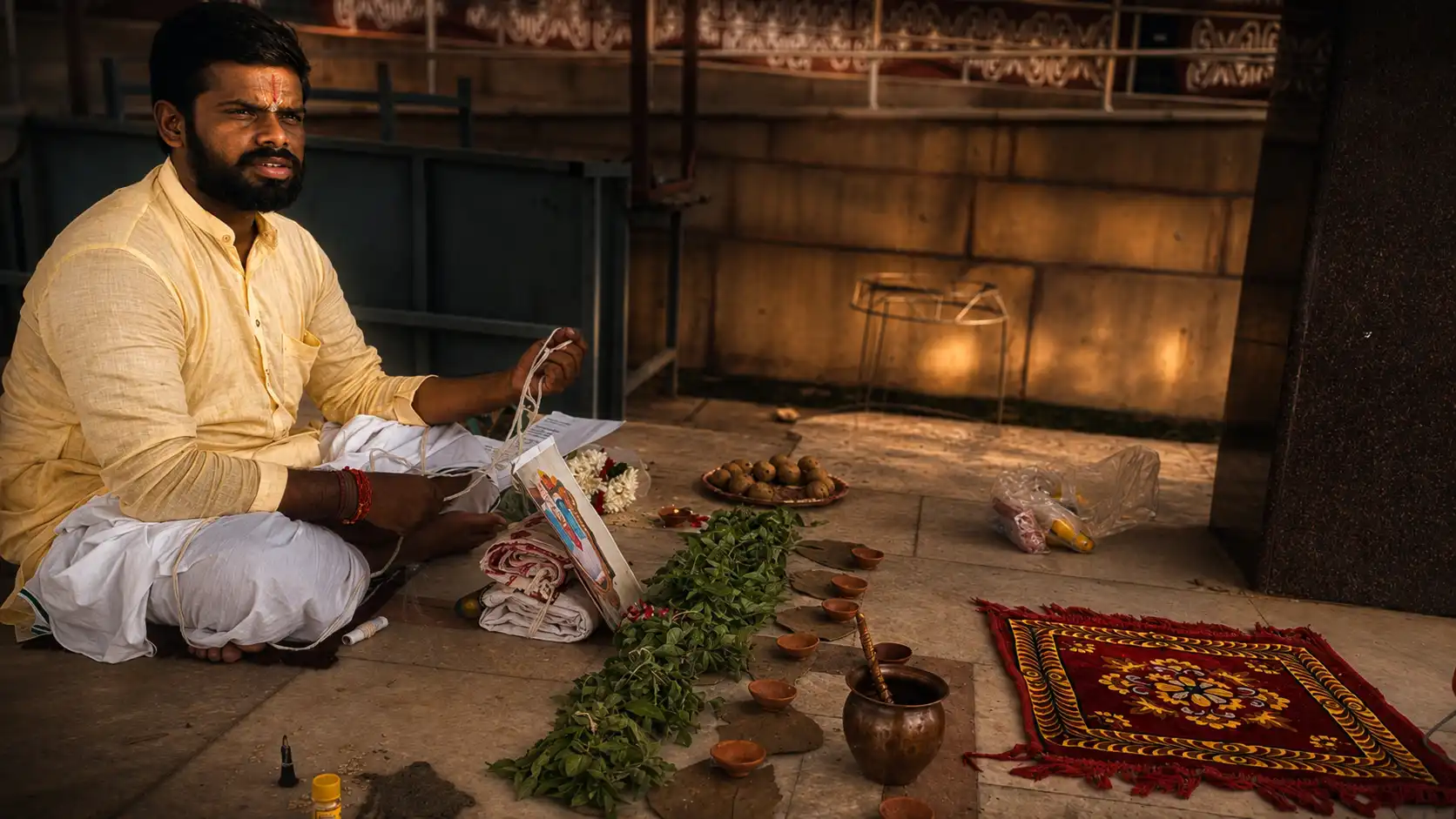 Pind Daan ritual offerings with flowers, leaves, diyas and sacred items