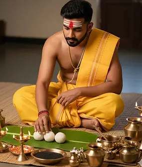 Hindu priest performing Pind Daan and Pitru Tarpan ritual with rice balls and sacred items for ancestors in Varanasi by MahaTarpan