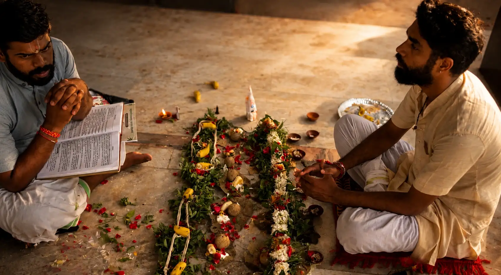 Priest performing Pind Daan rituals with traditional offerings