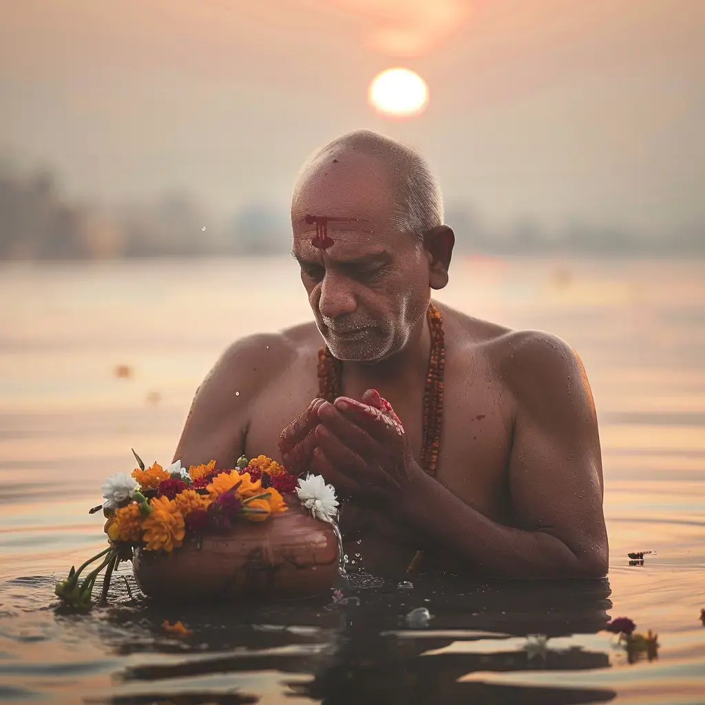 Man performing Asthi Visarjan ritual in Ganga river immersing ashes with kalash and flowers during Hindu last rites ceremony.