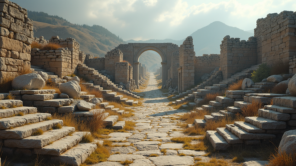 High angle view of ancient ruins with scattered stones