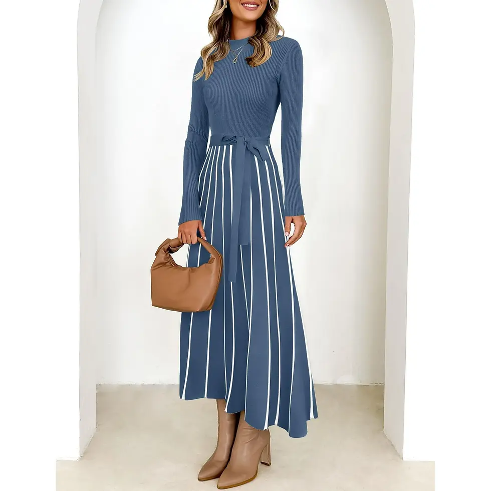 Womens Fall Turtleneck Tie Waist Long Sleeve Ribbed Knit Midi Dress