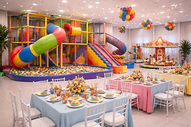 Playground em buffet infantil com estruturas recreativas