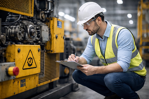Engenheiro realizando inspeção de máquina industrial conforme norma NR12