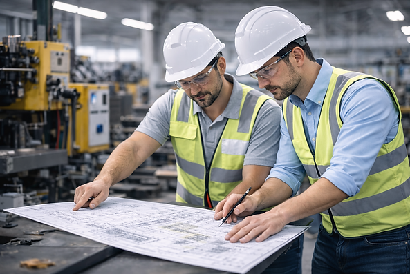 Engenheiros realizando análise técnica para adequação NR12 em máquinas