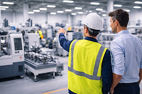 Engenheiro mecânico analisando operações em instalação industrial