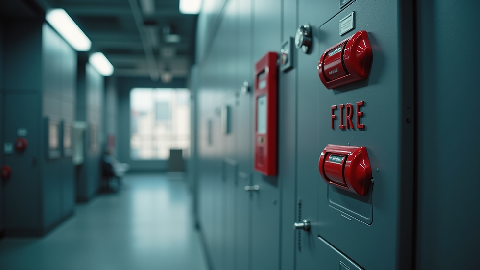 Eye-level view of a fire alarm control panel in a commercial building