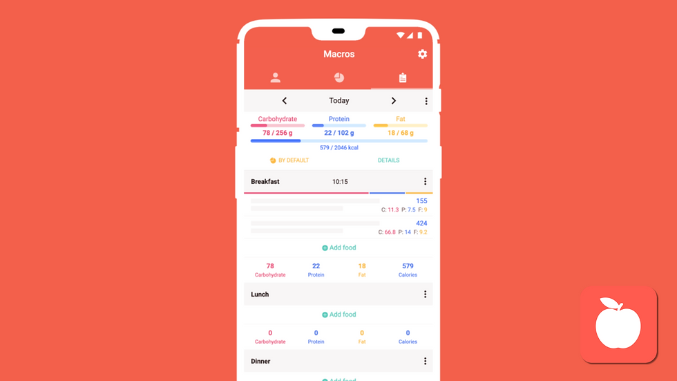 Smartphone app screen showing daily macro intake with progress bars for carbs, protein, and fat. Red-orange backdrop and apple icon.