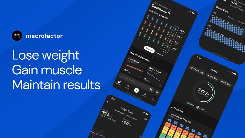 Blue background with "Lose weight, Gain muscle, Maintain results" text. Multiple dark-themed app screens showcasing health and fitness data from the MacroFactor app.