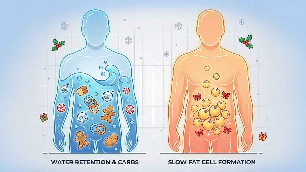 Two figures: one blue with carbs and water molecules, labeled "Water Retention & Carbs," and one orange with fat cells, labeled "Slow Fat Cell Formation."