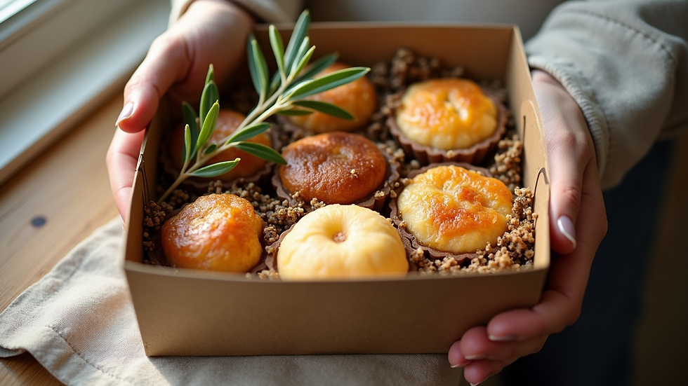 High angle view of a gift box filled with Greek delicacies and a small olive branch