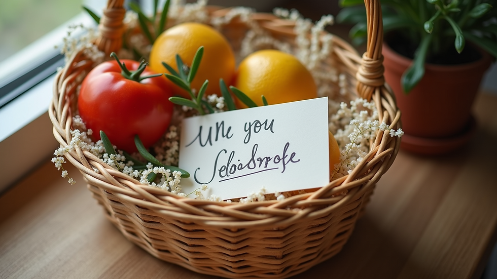 High angle view of a personalized Greek gift basket with a handwritten note