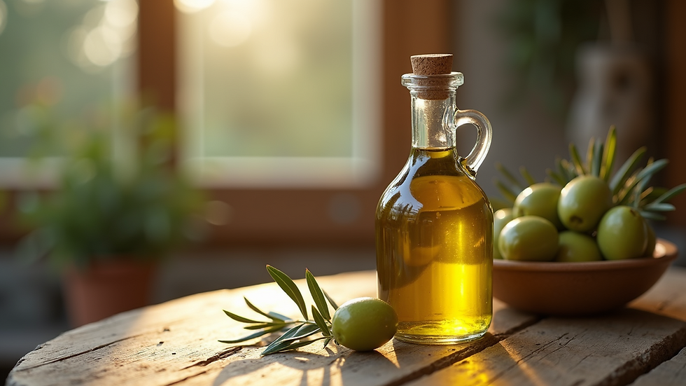 Close-up view of a traditional Greek olive oil bottle on a rustic wooden table