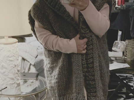 Under construction…now to add the bubble sleeves to this gorgeous Snow Bunny Cardi in tweed grey