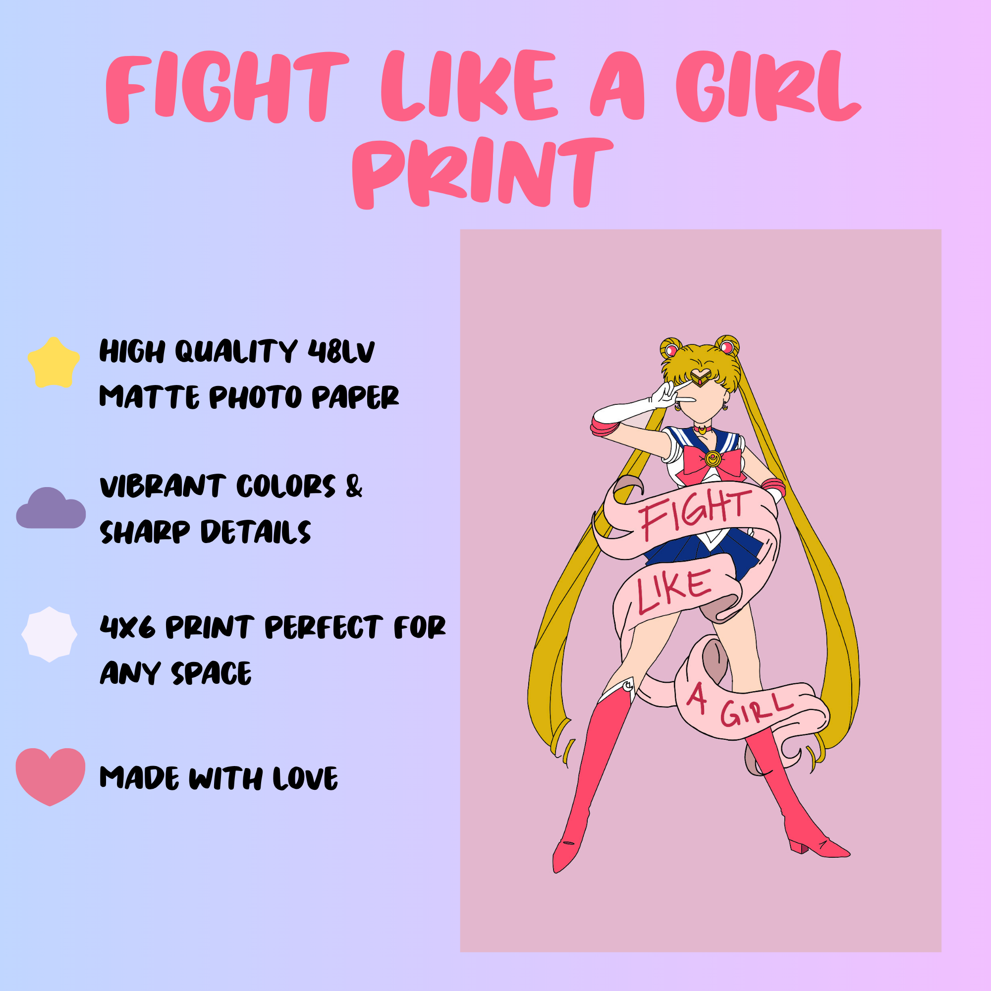 Fight Like a Girl Art Print | 4x6 | Sailor Moon | Digital Art | Kawaii