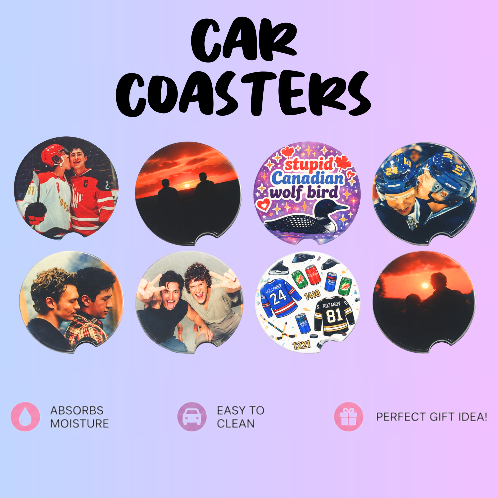 Heated Rivalry Ceramic Car Coasters | Shane Hollander | Ilya Rozanov