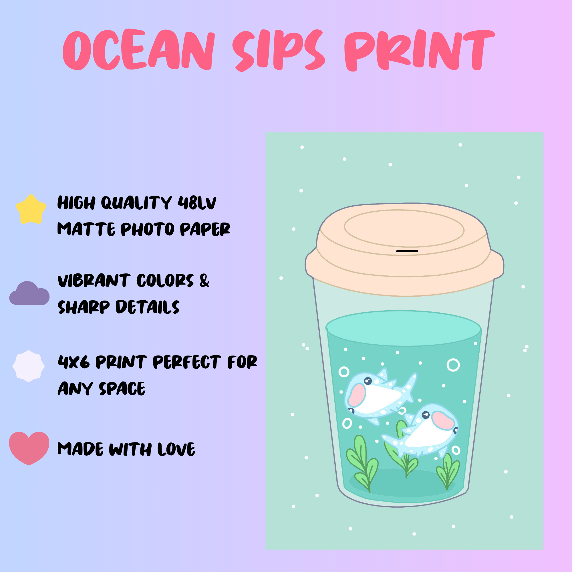 Ocean Sips Art Print | 4x6 | Whale Shark | Digital Art | Kawaii