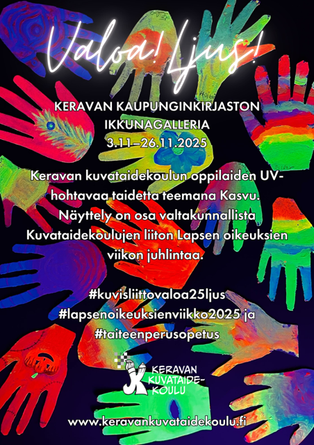 Valoa! Ljus! UV-hohtavaa taidetta Keravan kaupunginkirjaston Ikkunagalleriassa 3.–26.11. 2025