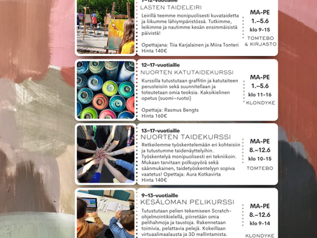 Ilmoittautuminen kesäloman 2026 taideleireille ja kursseille on avautunut