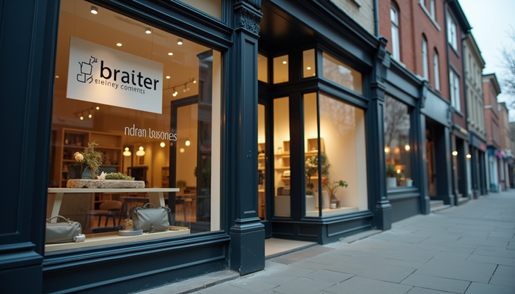 Eye-level view of a modern small business storefront with a clear website URL displayed on a sign