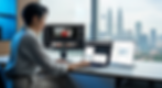 Person working on a laptop with data charts and a video on screens. City skyline and towers visible through large windows. Calm office scene.