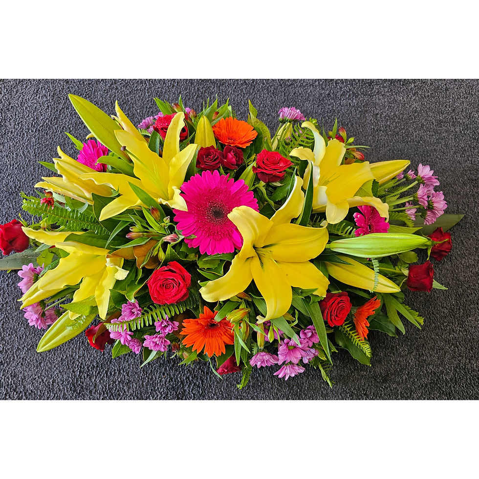 Kora Floral Boutique, Gisborne, Florist, Casket Spray Arrangement, Bright Arrangement, Florist Choice, Sympathy
