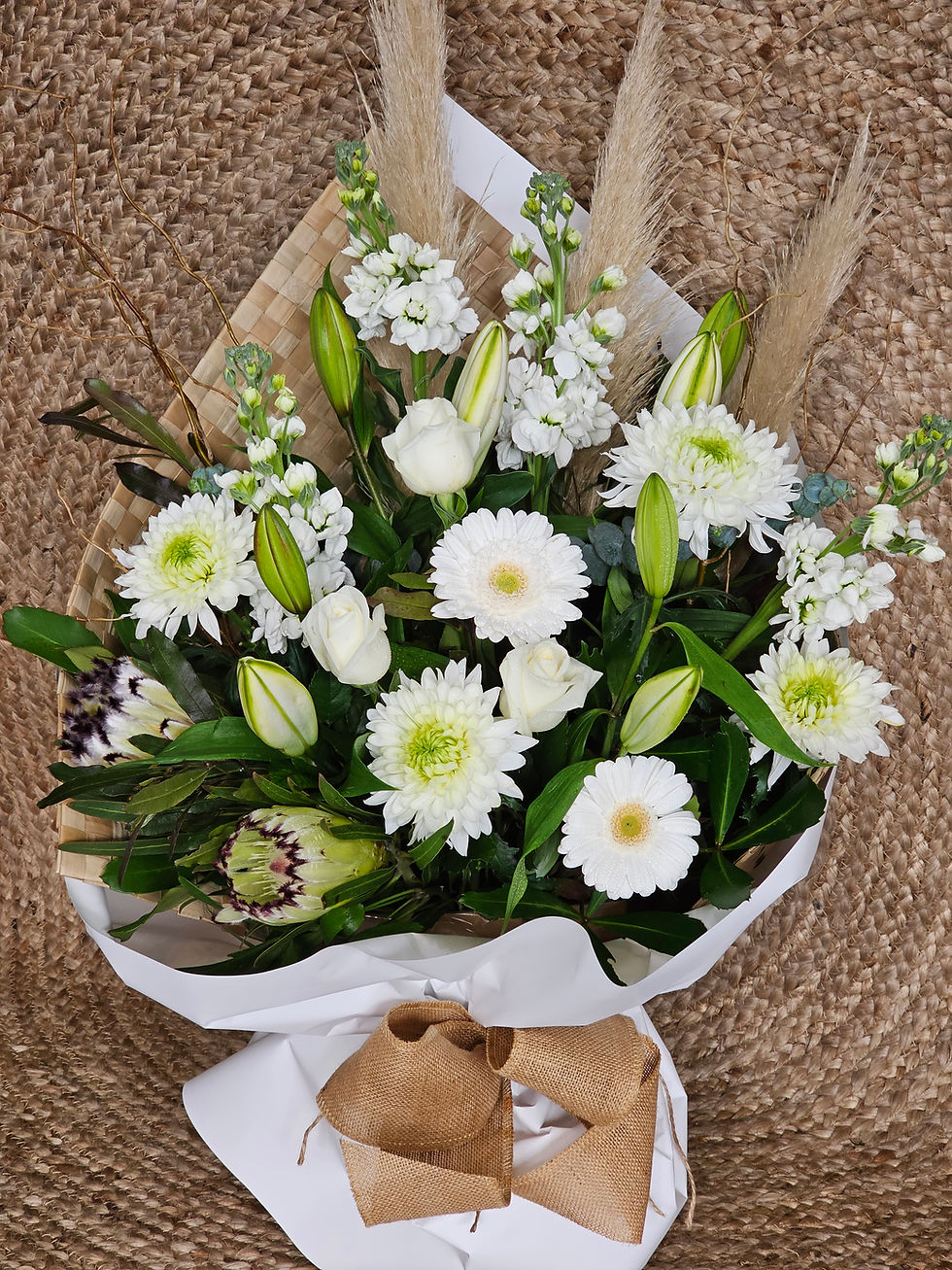 Kora Floral Boutique, Gisborne, Florist, Sympathy Flowers, Flax Wrap, White Bouquet, Peace Bouquet, Lily, Gerbera, Rose