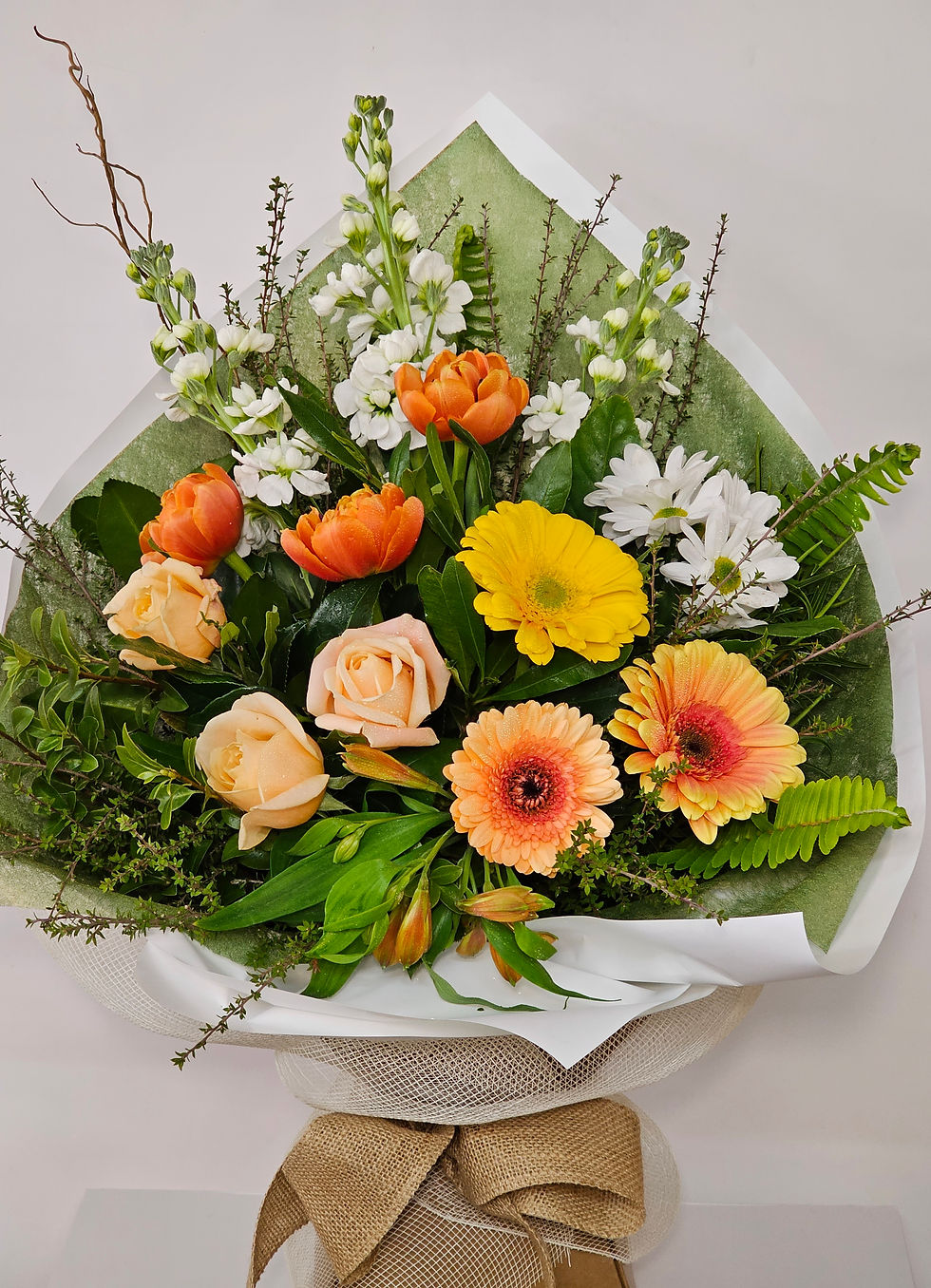 Kora Floral Boutique, Gisborne, Florist, Sympathy, Vox Box Arrangement, Peach Apricot Orange Colour Palette, Remembrance