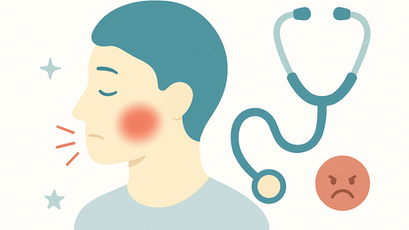 Ilustrovaný profil hlavy zobrazujúci čeľustný kĺb, zvýraznený s anatomickým znázornením, doplnený o fonendoskop ako symbol lekárskej starostlivosti.