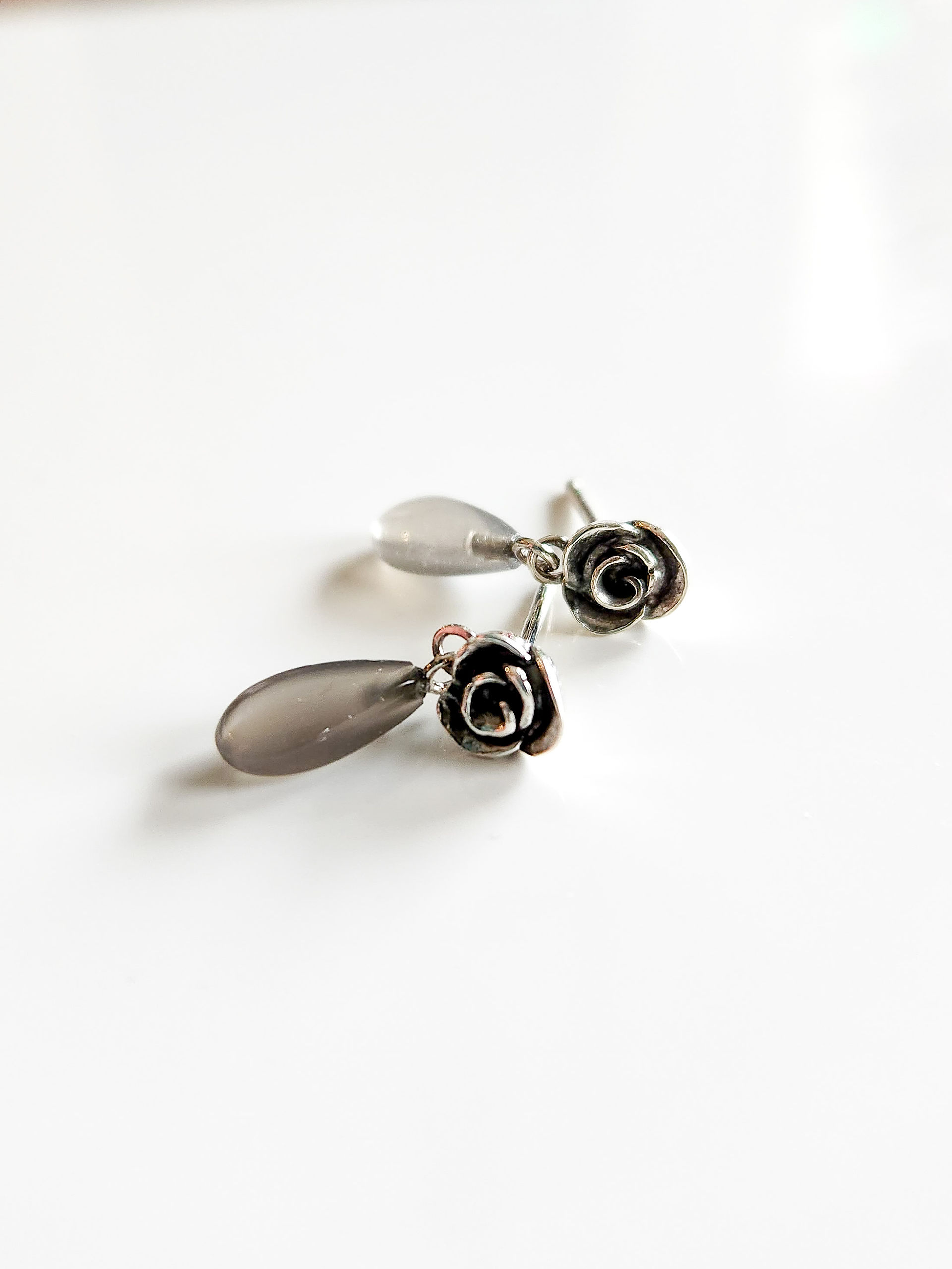 sterling silver rose earrings with dark patina