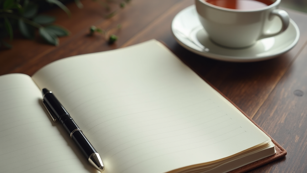 High angle view of a calm workspace with a journal, pen, and cup of tea