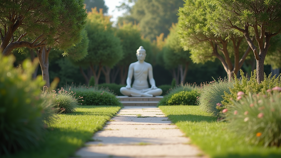 Eye-level view of a peaceful garden with a meditation spot