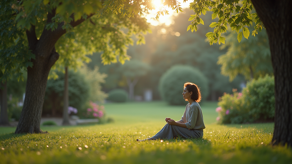 Eye-level view of a person sitting quietly in a peaceful garden