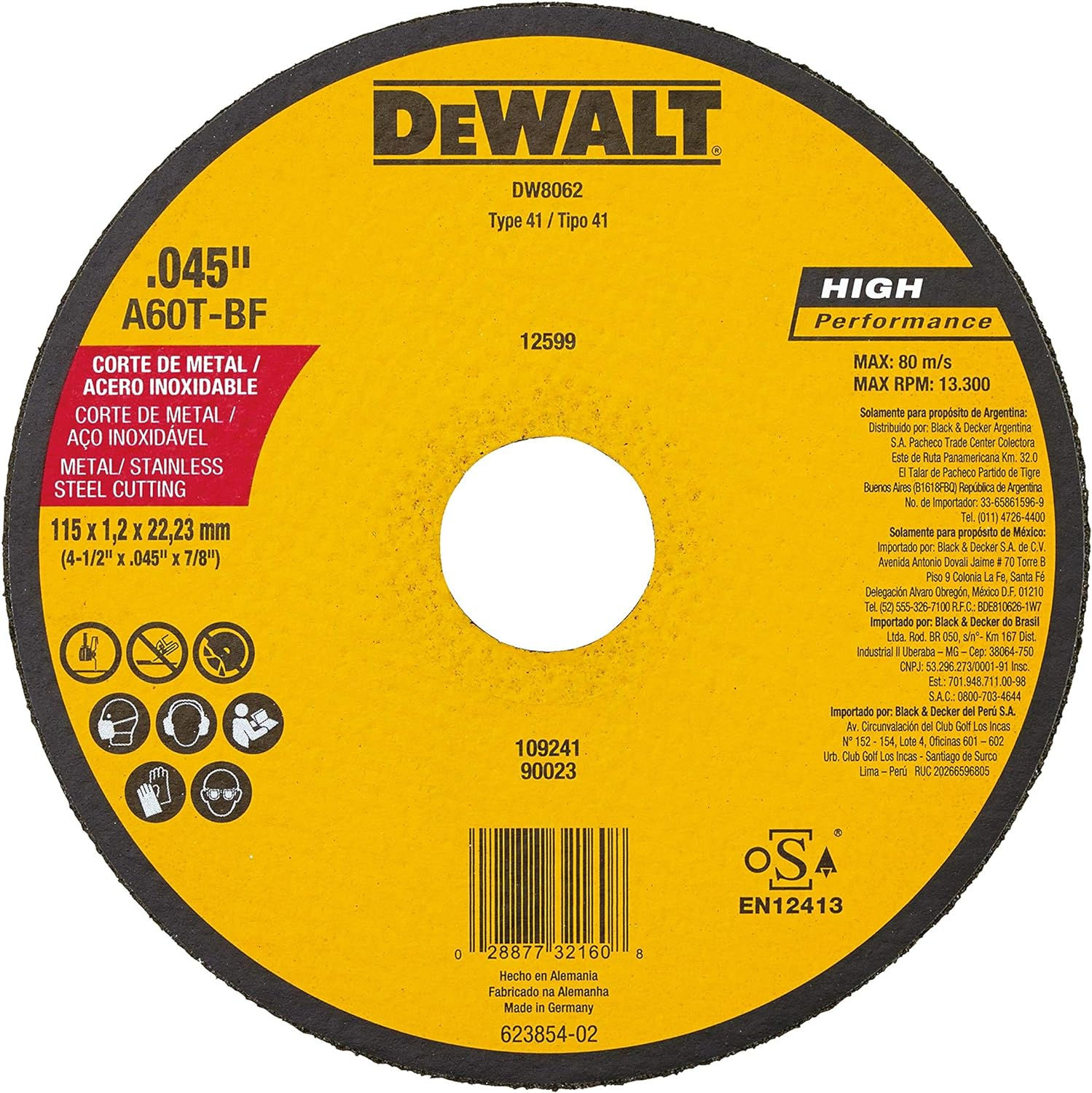 DeWalt DW8062 4-1/2-Inch Diameter by .045Inch Thick Metal Cutting Abrasive Wheel