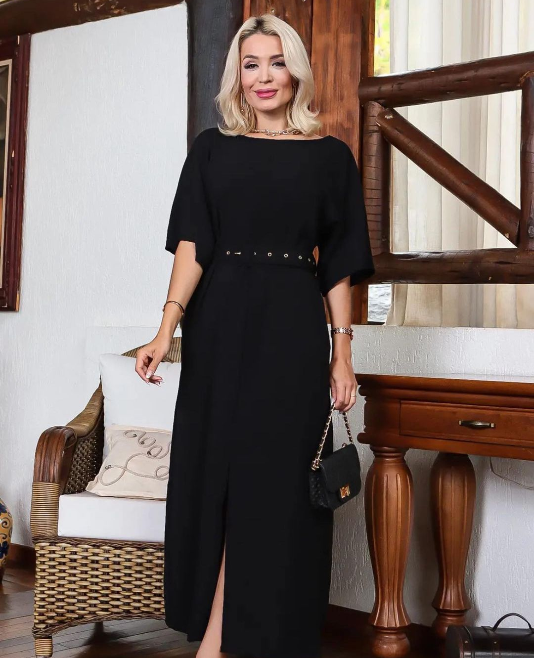 V079 - VESTIDO LONGO COM FENDA MANGA SINO 3/4 PRA FARDAMENTO EVANGELICO FARDEM