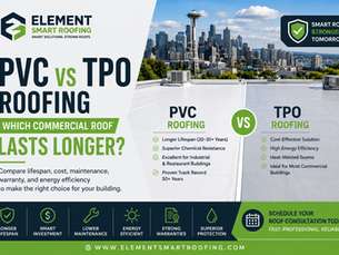 PVC vs TPO Roofing comparison for commercial roofing in Seattle showing lifespan, cost, and energy efficiency