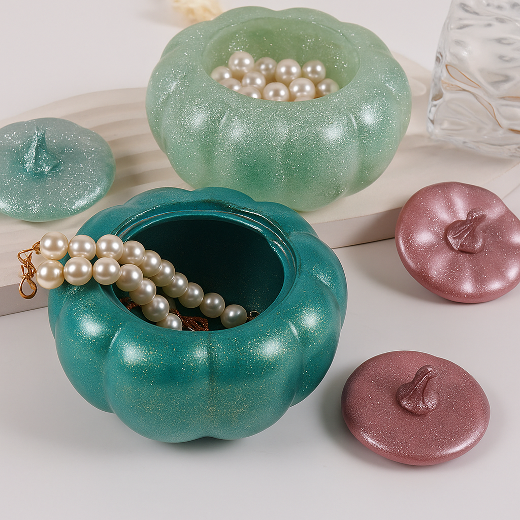 DIY pumpkin resin holder with open lid holding candles and jewelry – autumn craft décor kit