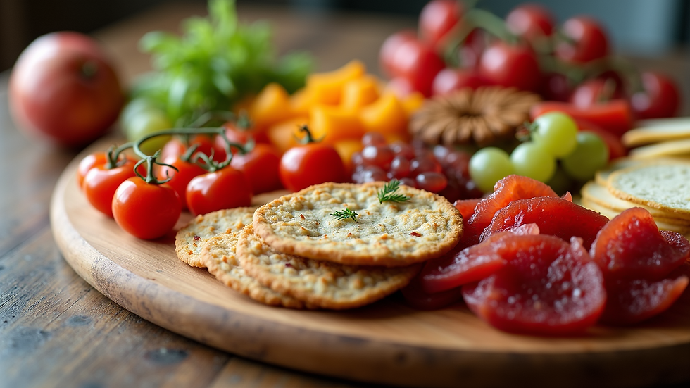 Close-up view of a colorful resin charcuterie board with decorative elements