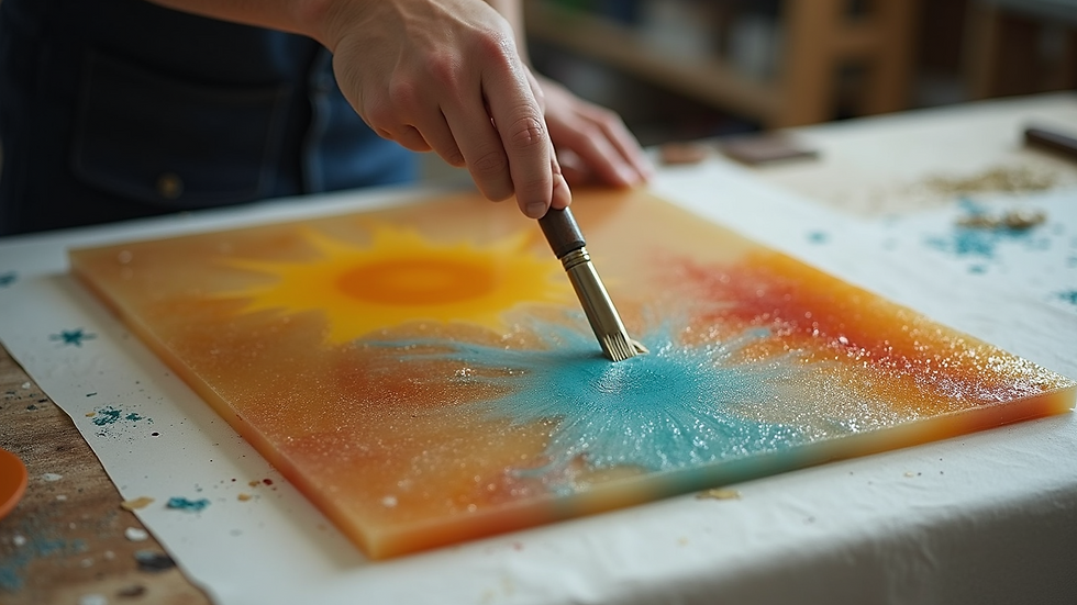 High angle view of a resin art piece drying on a table during a workshop