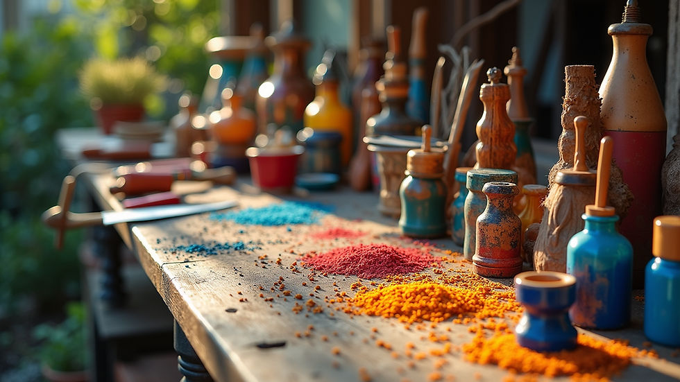 High angle view of colorful outdoor crafting space with tools